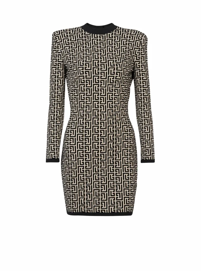 Balmain Dresses Womens Short Bicolor Jacquard Dress With Balmain Monogram Black Balmain Dresses Womens Short Bicolor Jacquard Dress With Balmain Monogram Black