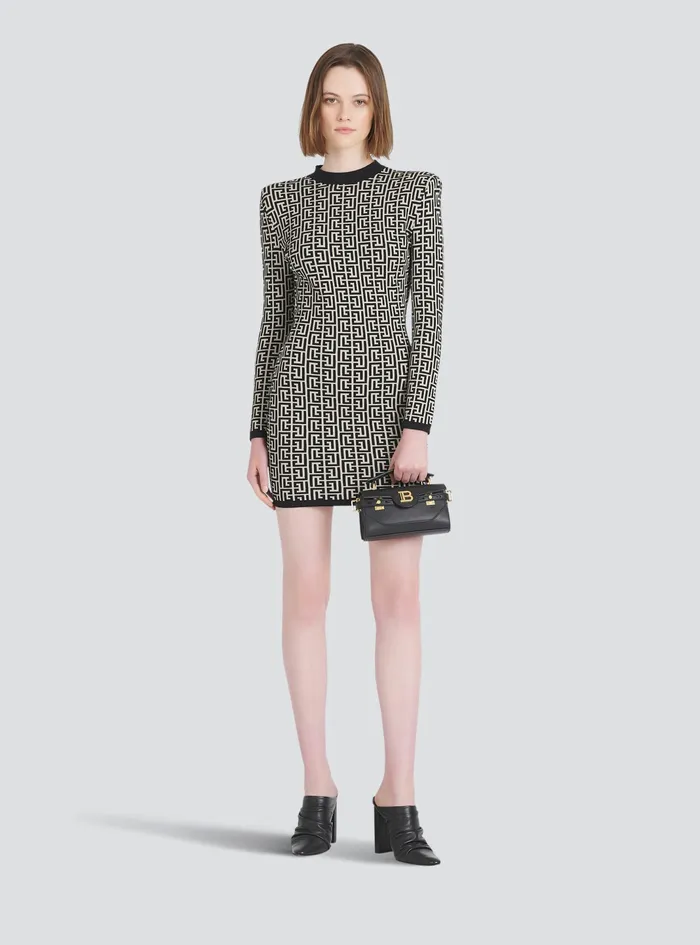 Balmain Dresses Womens Short Bicolor Jacquard Dress With Balmain Monogram Black Balmain Dresses Womens Short Bicolor Jacquard Dress With Balmain Monogram Black