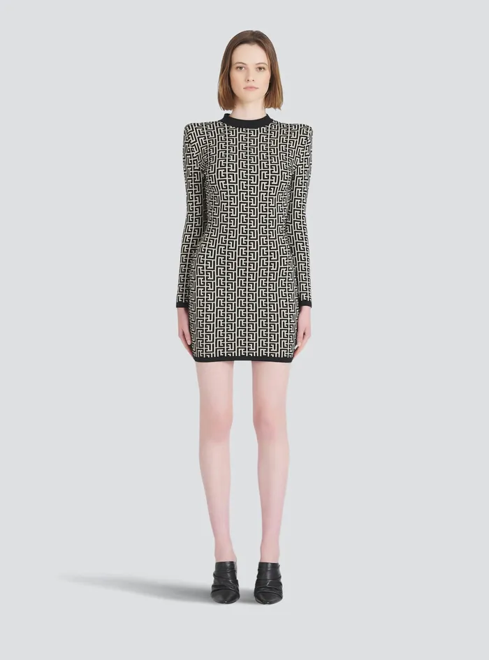 Balmain Dresses Womens Short Bicolor Jacquard Dress With Balmain Monogram Black Balmain Dresses Womens Short Bicolor Jacquard Dress With Balmain Monogram Black