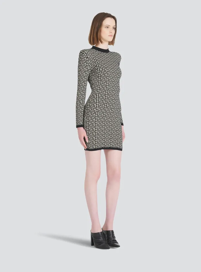 Balmain Dresses Womens Short Bicolor Jacquard Dress With Balmain Monogram Black Balmain Dresses Womens Short Bicolor Jacquard Dress With Balmain Monogram Black