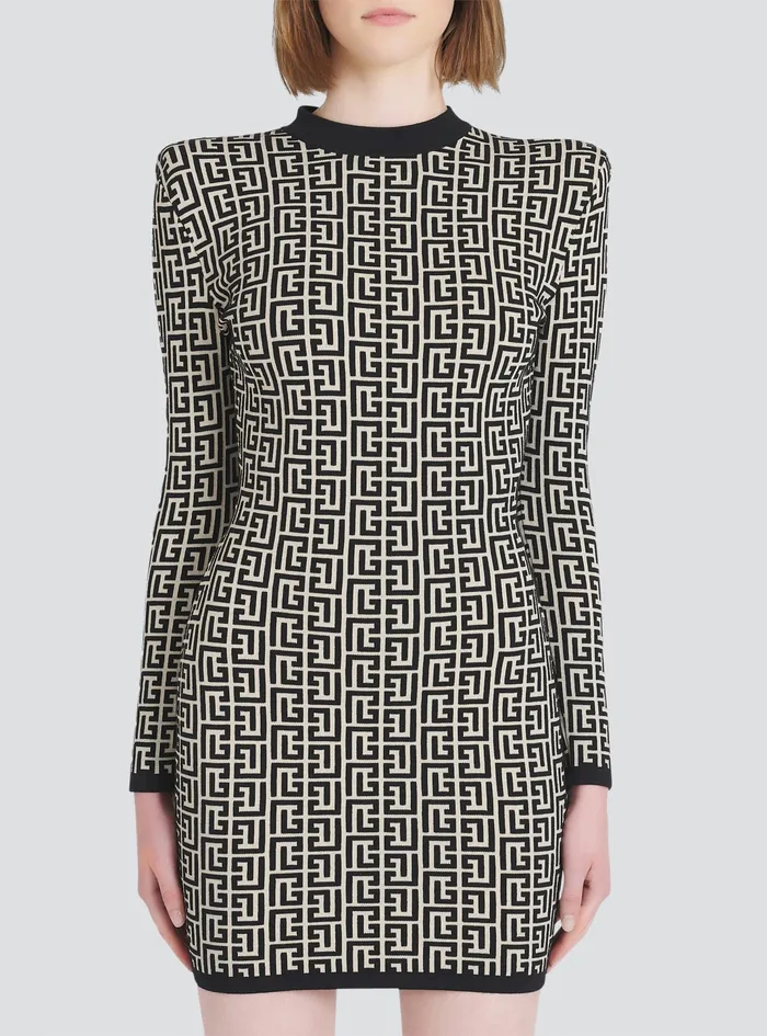 Balmain Dresses Womens Short Bicolor Jacquard Dress With Balmain Monogram Black Balmain Dresses Womens Short Bicolor Jacquard Dress With Balmain Monogram Black