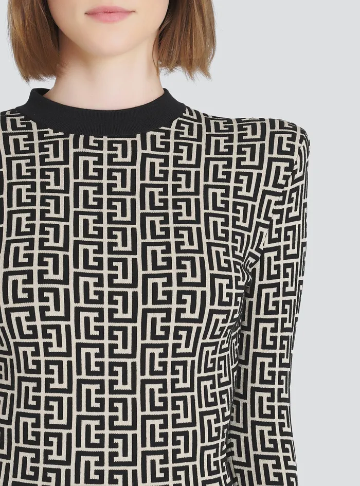 Balmain Dresses Womens Short Bicolor Jacquard Dress With Balmain Monogram Black Balmain Dresses Womens Short Bicolor Jacquard Dress With Balmain Monogram Black