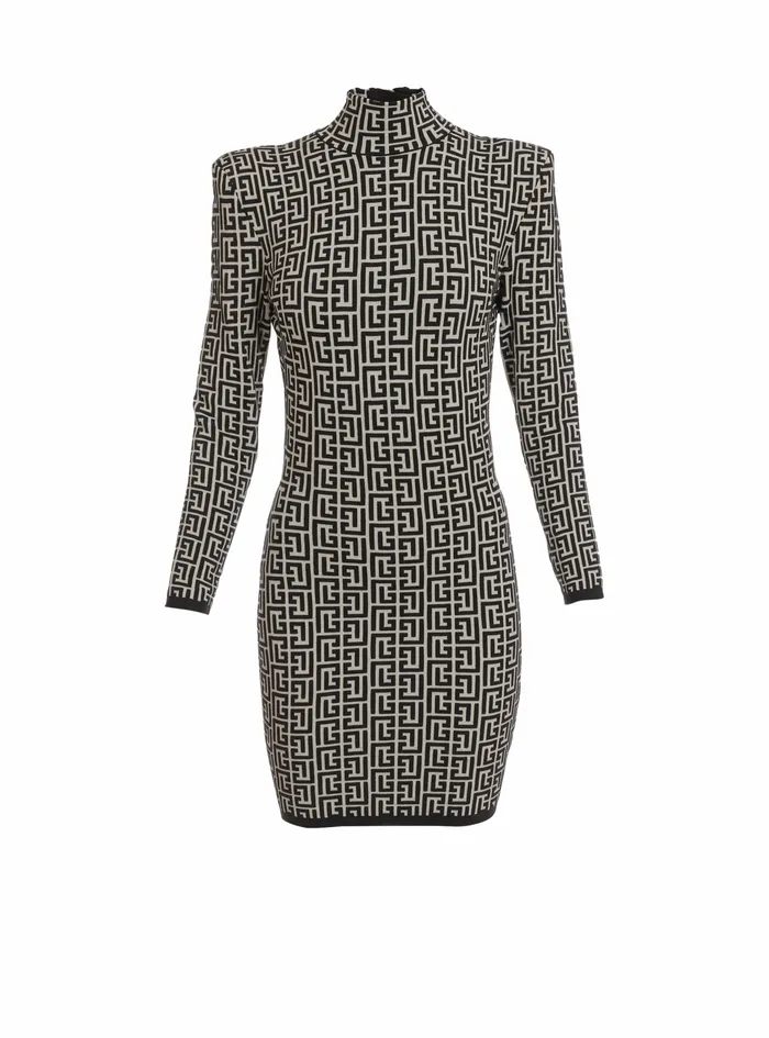Balmain Dresses Womens Short Bicolor Jacquard Knit Dress With Balmain Monogram Black Balmain Dresses Womens Short Bicolor Jacquard Knit Dress With Balmain Monogram Black