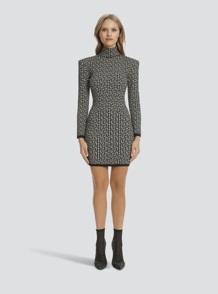 Balmain Dresses Womens Short Bicolor Jacquard Knit Dress With Balmain Monogram Black Balmain Dresses Womens Short Bicolor Jacquard Knit Dress With Balmain Monogram Black