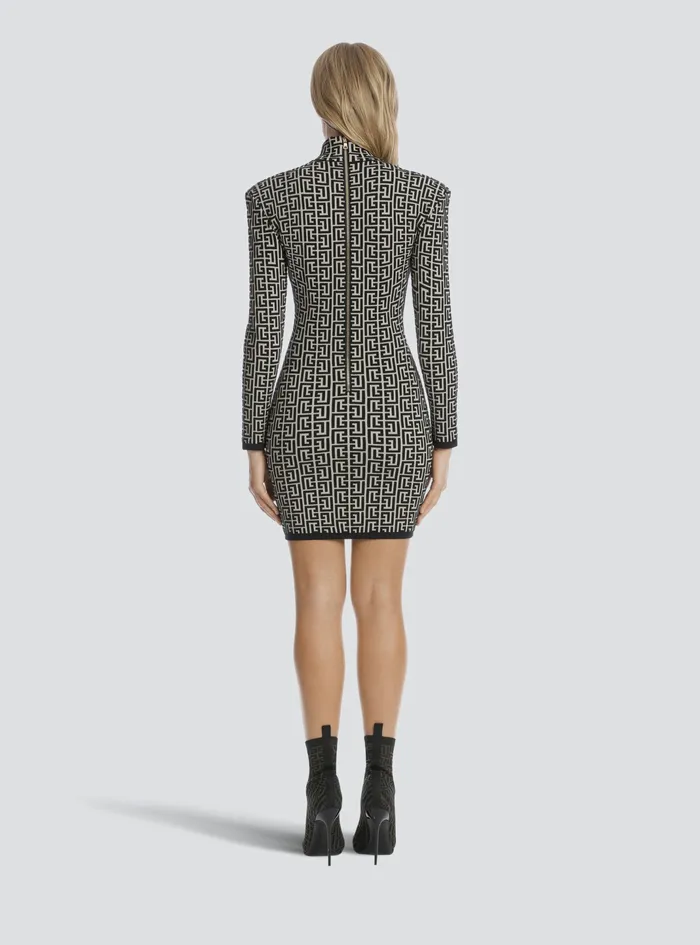 Balmain Dresses Womens Short Bicolor Jacquard Knit Dress With Balmain Monogram Black Balmain Dresses Womens Short Bicolor Jacquard Knit Dress With Balmain Monogram Black