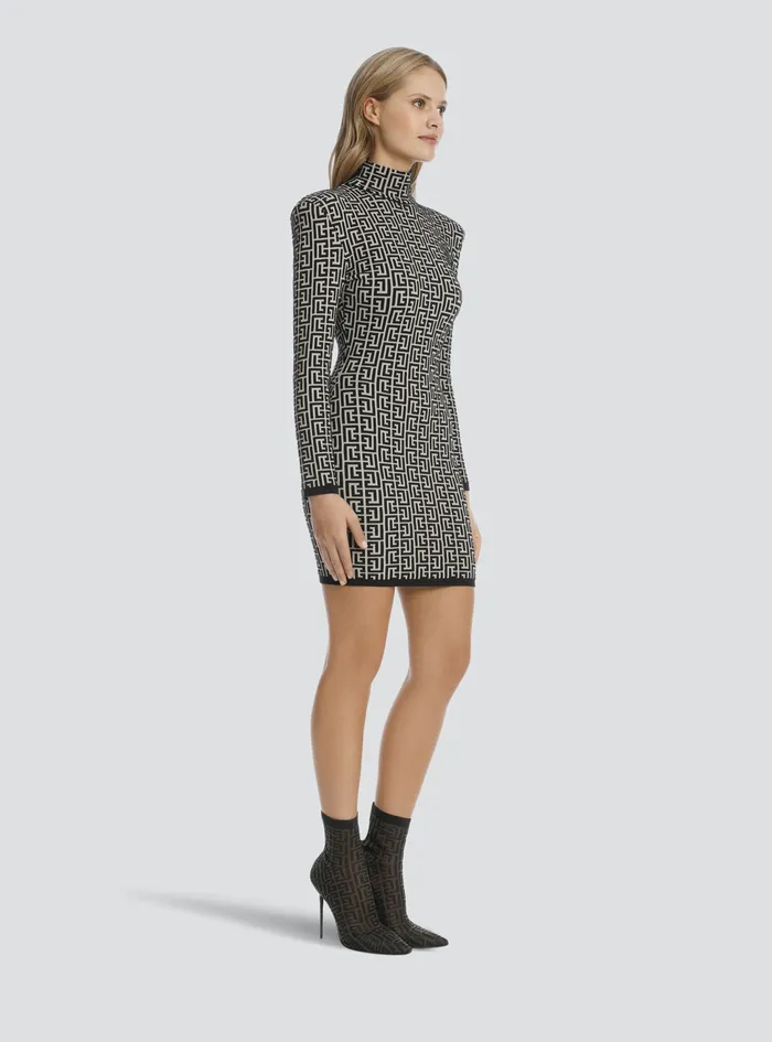 Balmain Dresses Womens Short Bicolor Jacquard Knit Dress With Balmain Monogram Black Balmain Dresses Womens Short Bicolor Jacquard Knit Dress With Balmain Monogram Black