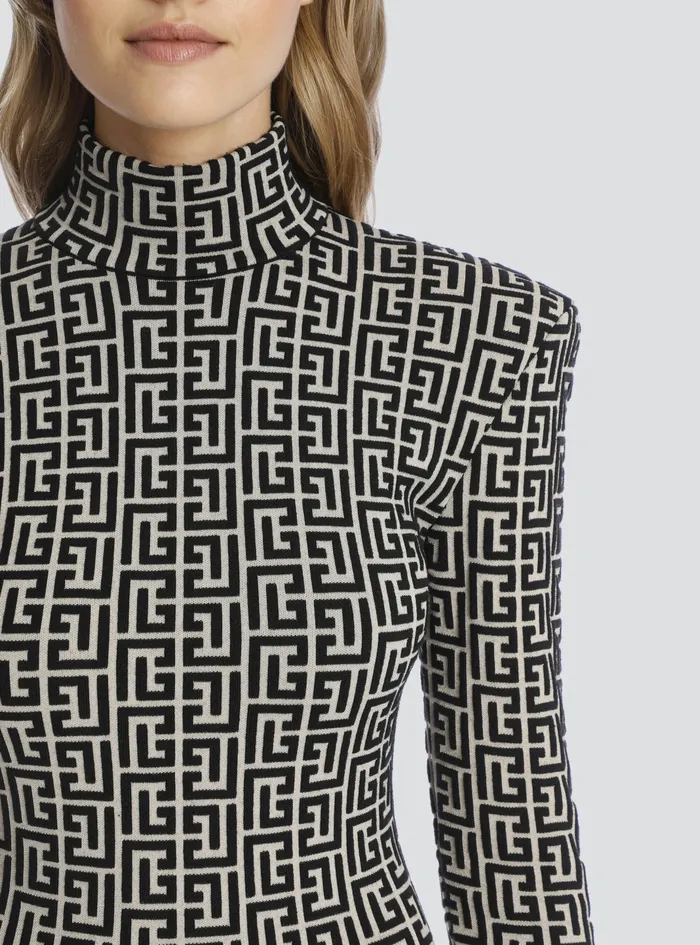Balmain Dresses Womens Short Bicolor Jacquard Knit Dress With Balmain Monogram Black Balmain Dresses Womens Short Bicolor Jacquard Knit Dress With Balmain Monogram Black