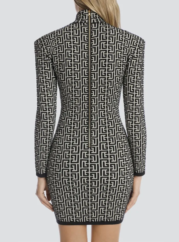 Balmain Dresses Womens Short Bicolor Jacquard Knit Dress With Balmain Monogram Black Balmain Dresses Womens Short Bicolor Jacquard Knit Dress With Balmain Monogram Black