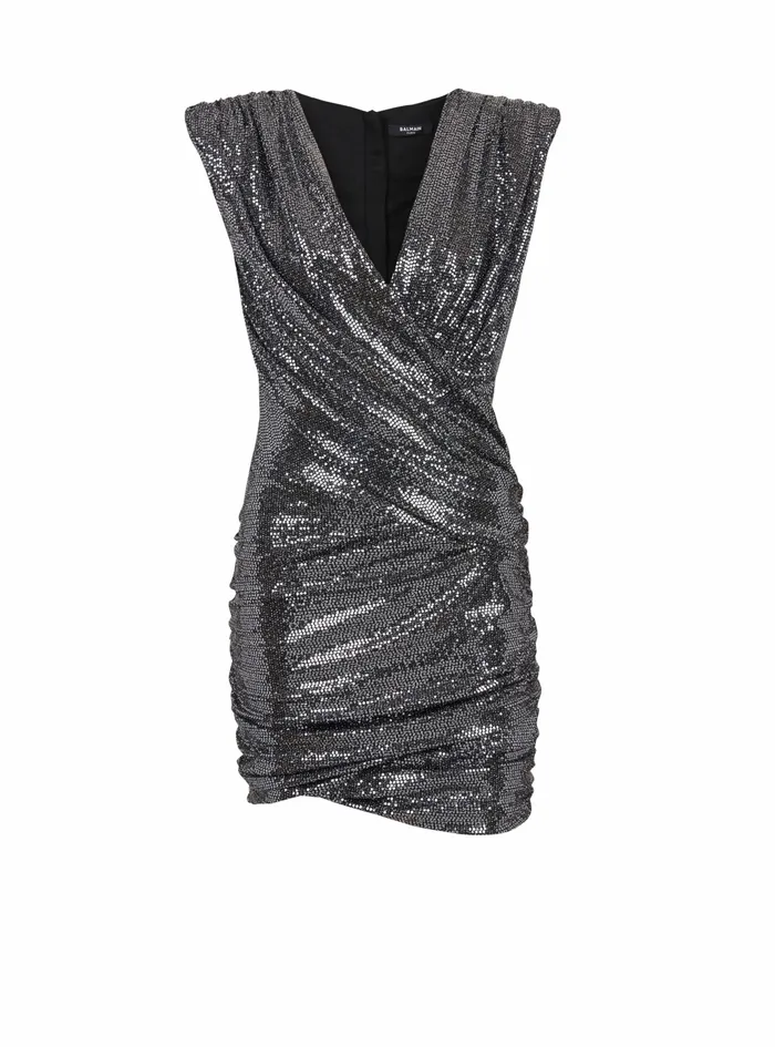 Balmain Dresses Womens Short Draped Jersey Dress With Sequins Silver