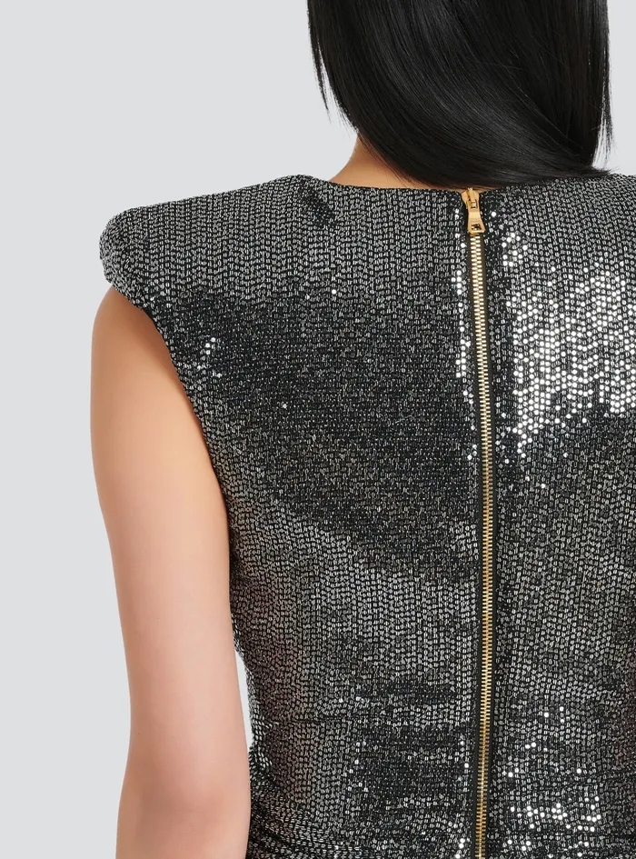 Balmain Dresses Womens Short Draped Jersey Dress With Sequins Silver