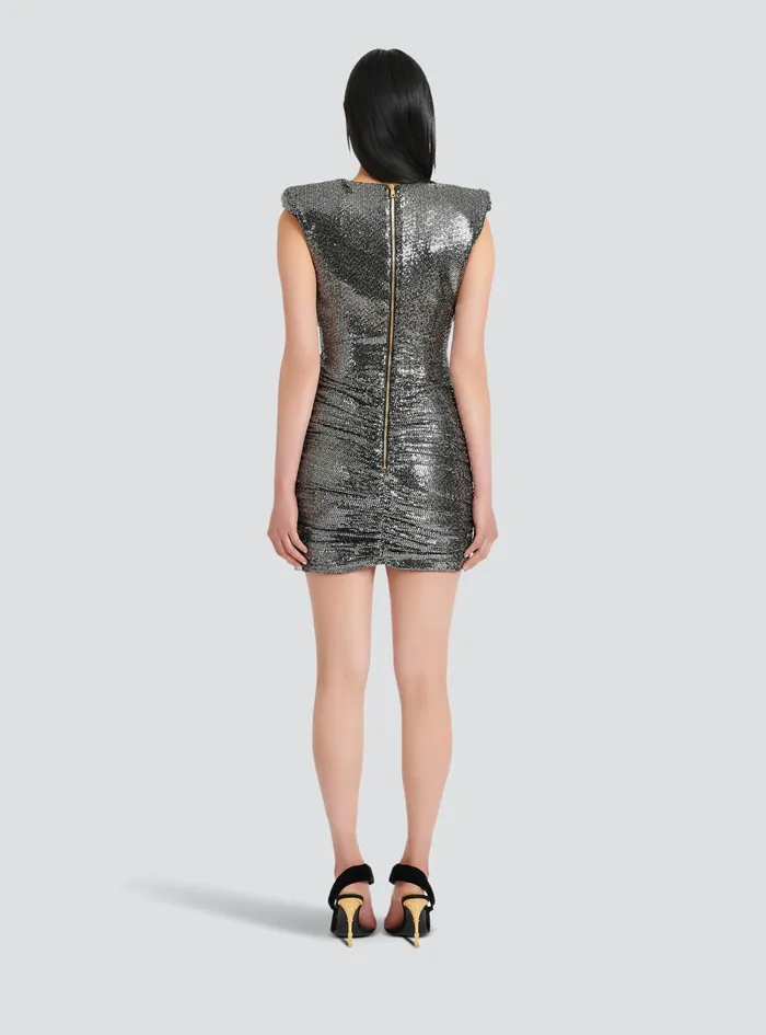 Balmain Dresses Womens Short Draped Jersey Dress With Sequins Silver