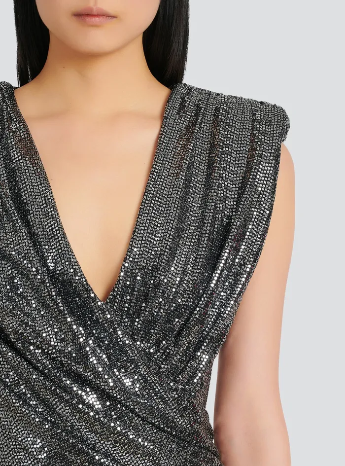 Balmain Dresses Womens Short Draped Jersey Dress With Sequins Silver