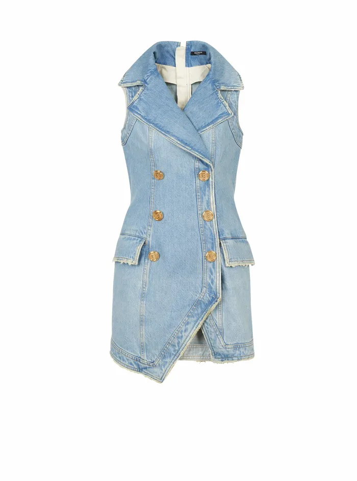 Balmain Dresses Womens Short EcoDesigned Denim Dress With GoldTone DoubleButtoned Fastening Blue
