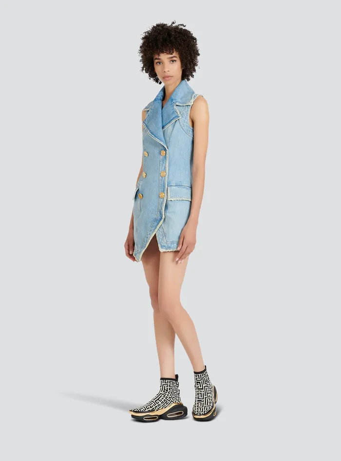 Balmain Dresses Womens Short EcoDesigned Denim Dress With GoldTone DoubleButtoned Fastening Blue Balmain Dresses Womens Short EcoDesigned Denim Dress With GoldTone DoubleButtoned Fastening Blue
