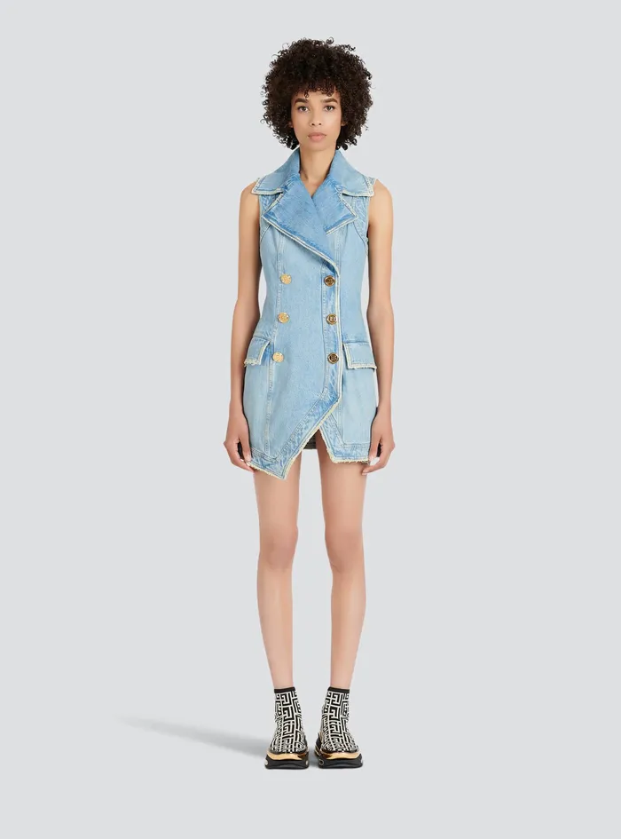 Balmain Dresses Womens Short EcoDesigned Denim Dress With GoldTone DoubleButtoned Fastening Blue Balmain Dresses Womens Short EcoDesigned Denim Dress With GoldTone DoubleButtoned Fastening Blue