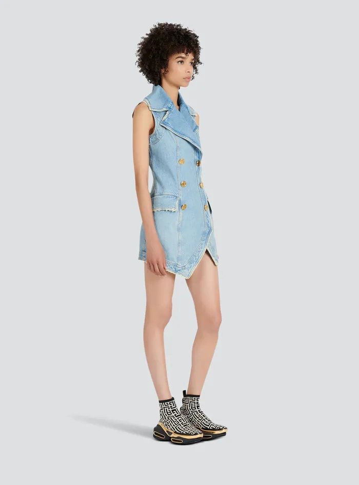 Balmain Dresses Womens Short EcoDesigned Denim Dress With GoldTone DoubleButtoned Fastening Blue Balmain Dresses Womens Short EcoDesigned Denim Dress With GoldTone DoubleButtoned Fastening Blue