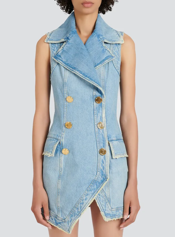 Balmain Dresses Womens Short EcoDesigned Denim Dress With GoldTone DoubleButtoned Fastening Blue Balmain Dresses Womens Short EcoDesigned Denim Dress With GoldTone DoubleButtoned Fastening Blue