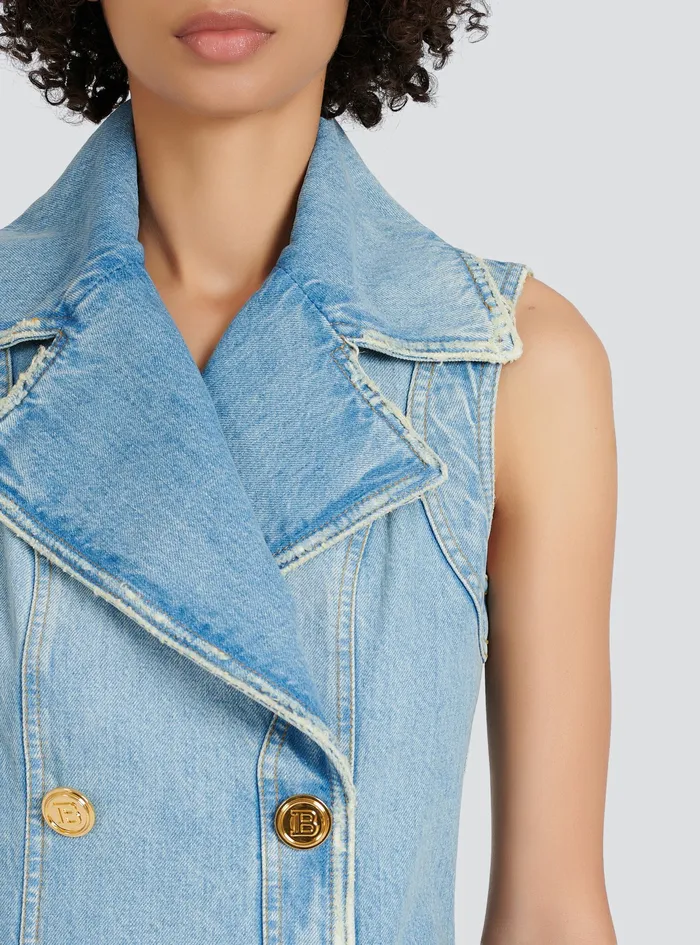 Balmain Dresses Womens Short EcoDesigned Denim Dress With GoldTone DoubleButtoned Fastening Blue Balmain Dresses Womens Short EcoDesigned Denim Dress With GoldTone DoubleButtoned Fastening Blue