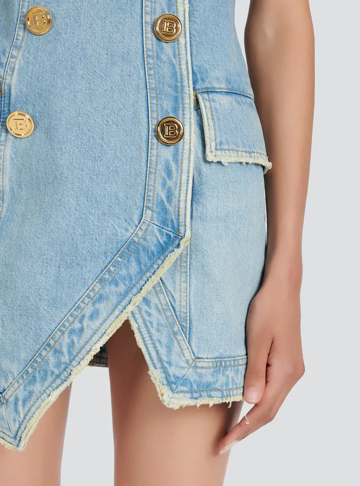Balmain Dresses Womens Short EcoDesigned Denim Dress With GoldTone DoubleButtoned Fastening Blue Balmain Dresses Womens Short EcoDesigned Denim Dress With GoldTone DoubleButtoned Fastening Blue