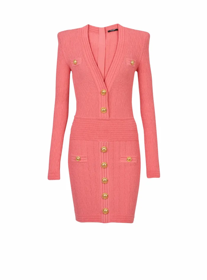 Balmain Dresses Womens Short EcoDesigned Knit Dress With GoldTone Buttons Pink Balmain Dresses Womens Short EcoDesigned Knit Dress With GoldTone Buttons Pink