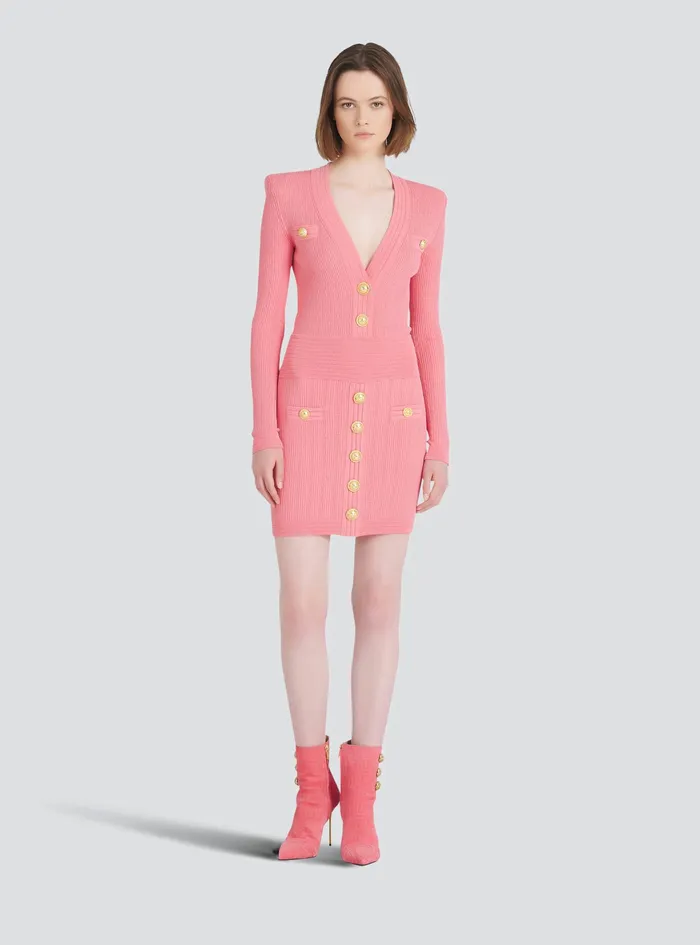 Balmain Dresses Womens Short EcoDesigned Knit Dress With GoldTone Buttons Pink