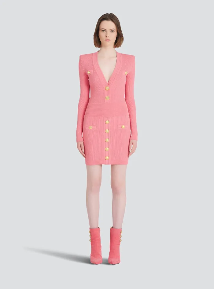 Balmain Dresses Womens Short EcoDesigned Knit Dress With GoldTone Buttons Pink