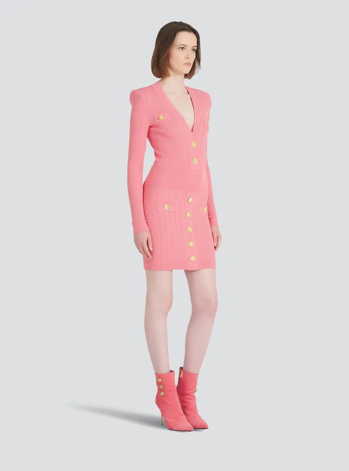 Balmain Dresses Womens Short EcoDesigned Knit Dress With GoldTone Buttons Pink