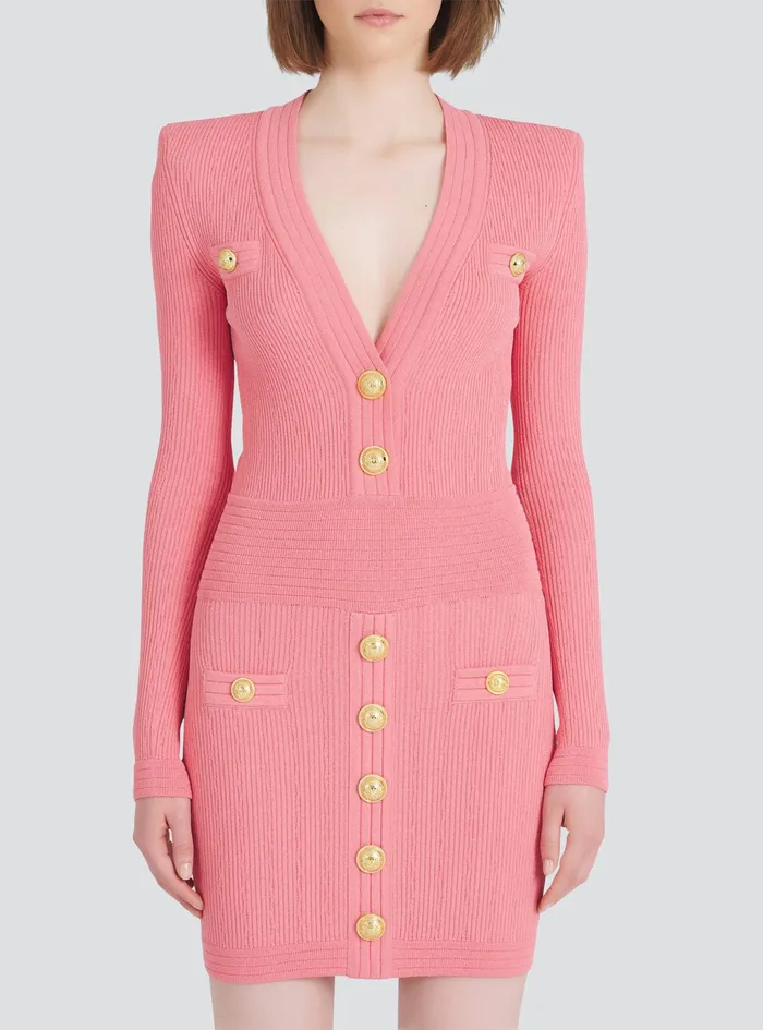 Balmain Dresses Womens Short EcoDesigned Knit Dress With GoldTone Buttons Pink