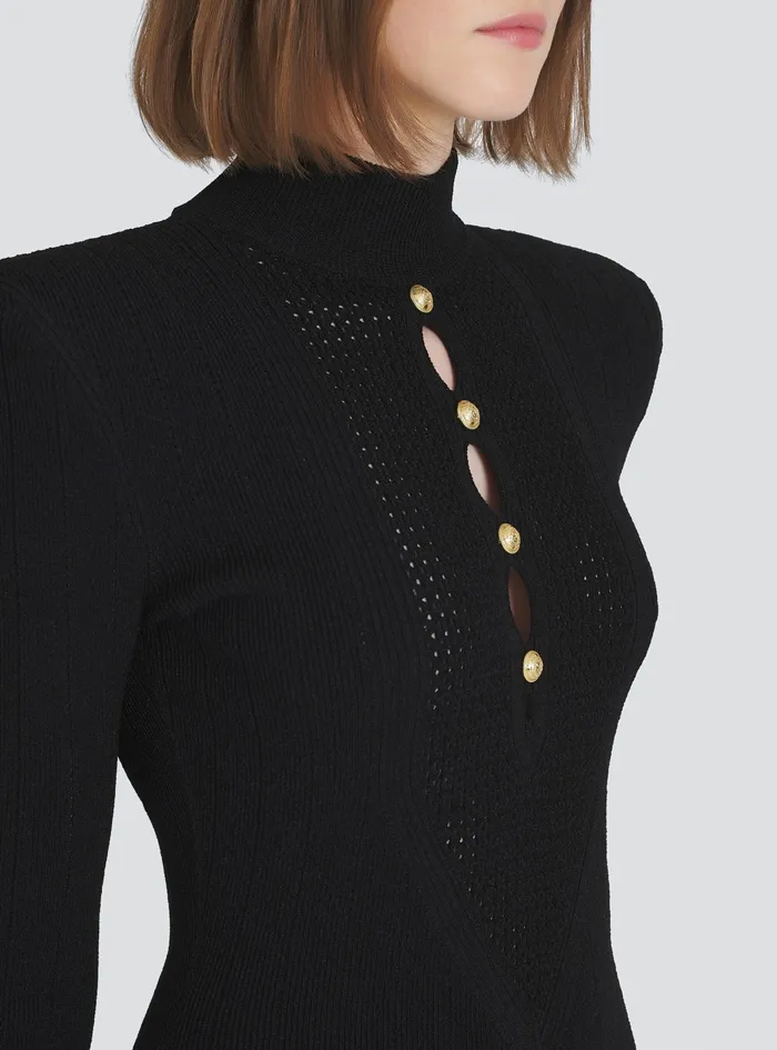 Balmain Dresses Womens Short Knit BibFront EcoDesigned Dress Black Balmain Dresses Womens Short Knit BibFront EcoDesigned Dress Black
