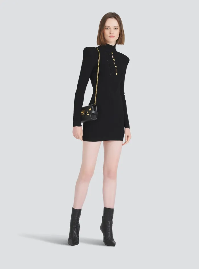 Balmain Dresses Womens Short Knit BibFront EcoDesigned Dress Black Balmain Dresses Womens Short Knit BibFront EcoDesigned Dress Black