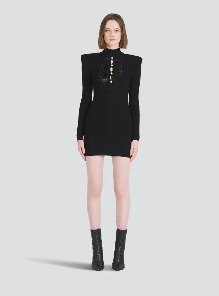 Balmain Dresses Womens Short Knit BibFront EcoDesigned Dress Black Balmain Dresses Womens Short Knit BibFront EcoDesigned Dress Black