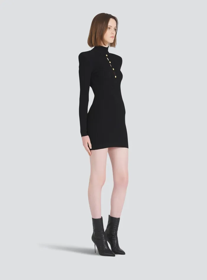 Balmain Dresses Womens Short Knit BibFront EcoDesigned Dress Black Balmain Dresses Womens Short Knit BibFront EcoDesigned Dress Black