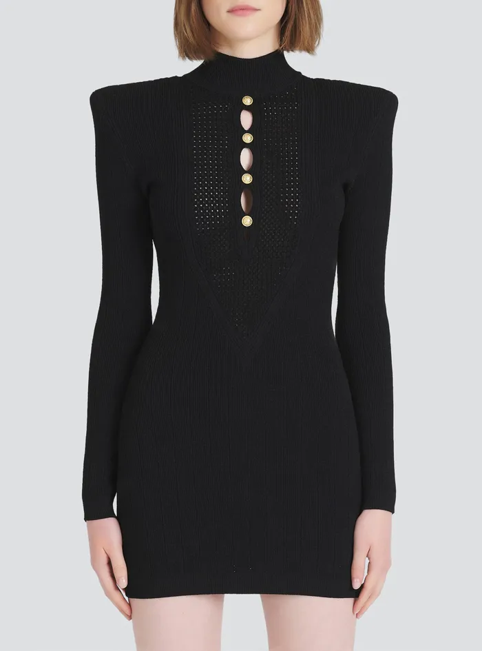 Balmain Dresses Womens Short Knit BibFront EcoDesigned Dress Black Balmain Dresses Womens Short Knit BibFront EcoDesigned Dress Black