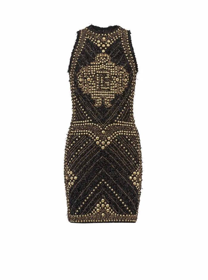 Balmain Dresses Womens Short Tweed Dress With Embroidered GoldTone Studs Gold Balmain Dresses Womens Short Tweed Dress With Embroidered GoldTone Studs Gold
