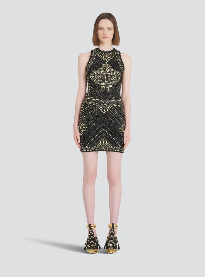 Balmain Dresses Womens Short Tweed Dress With Embroidered GoldTone Studs Gold Balmain Dresses Womens Short Tweed Dress With Embroidered GoldTone Studs Gold