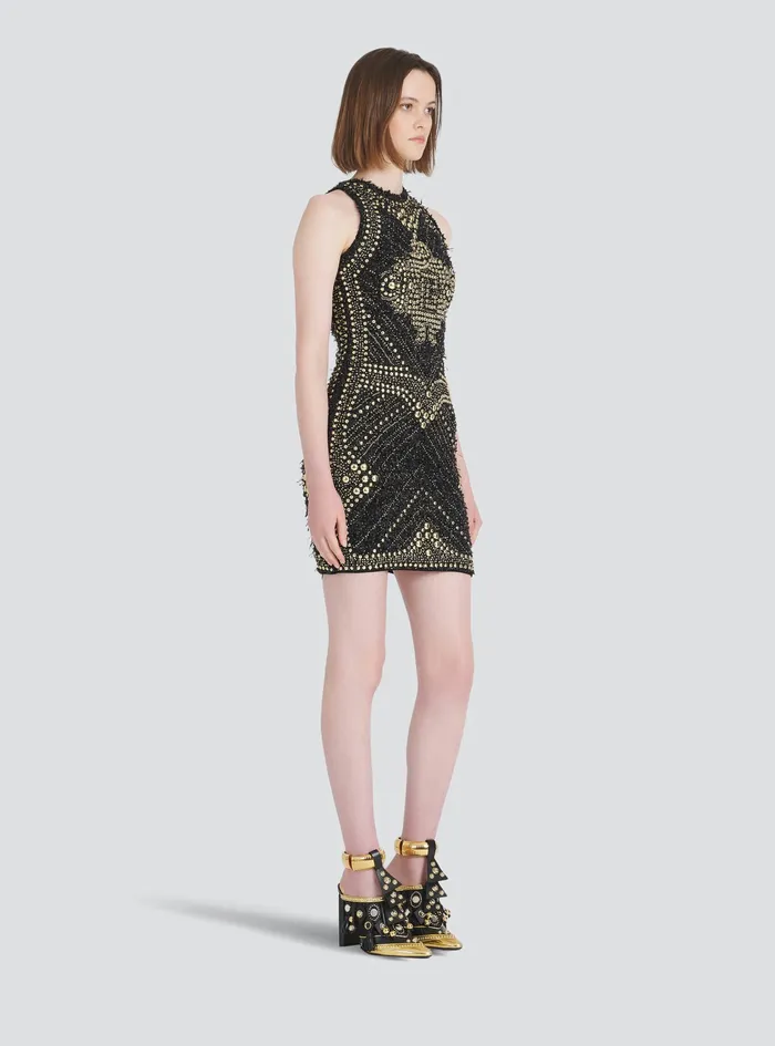 Balmain Dresses Womens Short Tweed Dress With Embroidered GoldTone Studs Gold Balmain Dresses Womens Short Tweed Dress With Embroidered GoldTone Studs Gold
