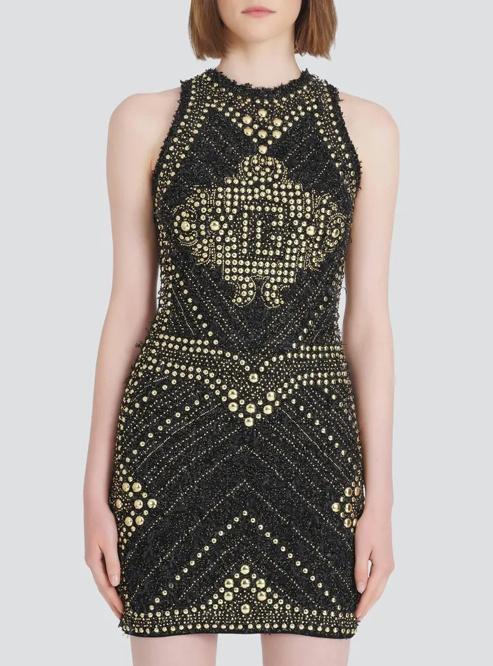 Balmain Dresses Womens Short Tweed Dress With Embroidered GoldTone Studs Gold Balmain Dresses Womens Short Tweed Dress With Embroidered GoldTone Studs Gold
