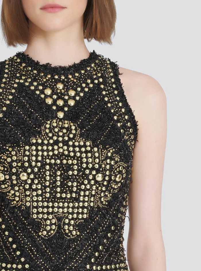 Balmain Dresses Womens Short Tweed Dress With Embroidered GoldTone Studs Gold Balmain Dresses Womens Short Tweed Dress With Embroidered GoldTone Studs Gold