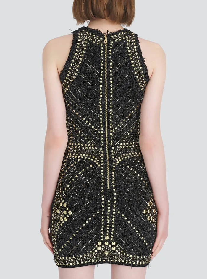 Balmain Dresses Womens Short Tweed Dress With Embroidered GoldTone Studs Gold Balmain Dresses Womens Short Tweed Dress With Embroidered GoldTone Studs Gold