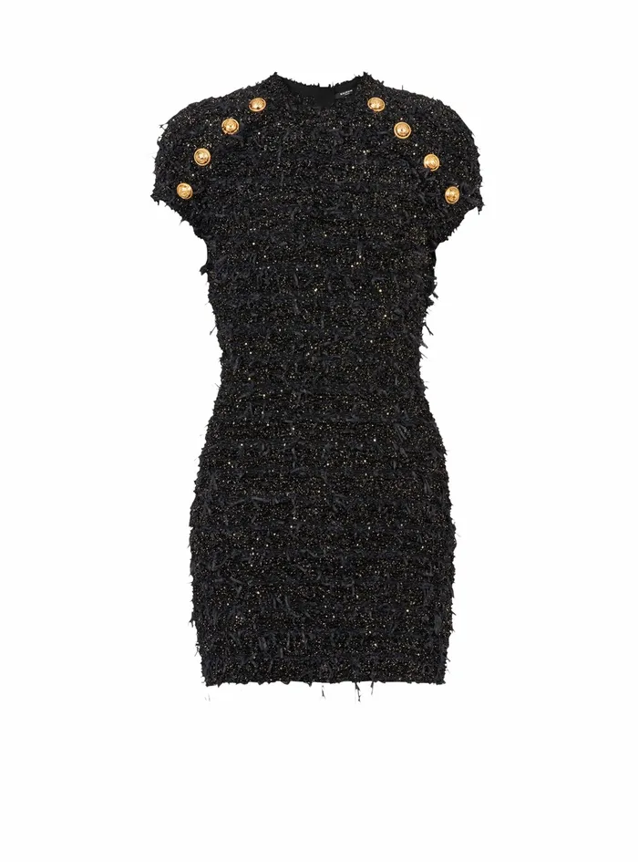 Balmain Dresses Womens Short Tweed Dress With GoldTone Buttons Black