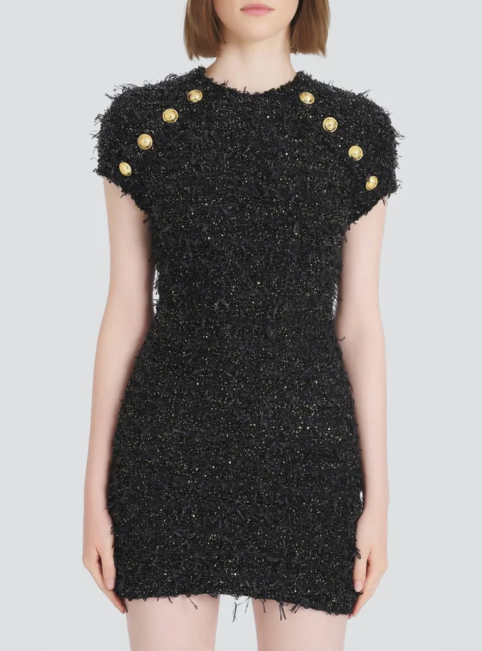 Balmain Dresses Womens Short Tweed Dress With GoldTone Buttons Black Balmain Dresses Womens Short Tweed Dress With GoldTone Buttons Black