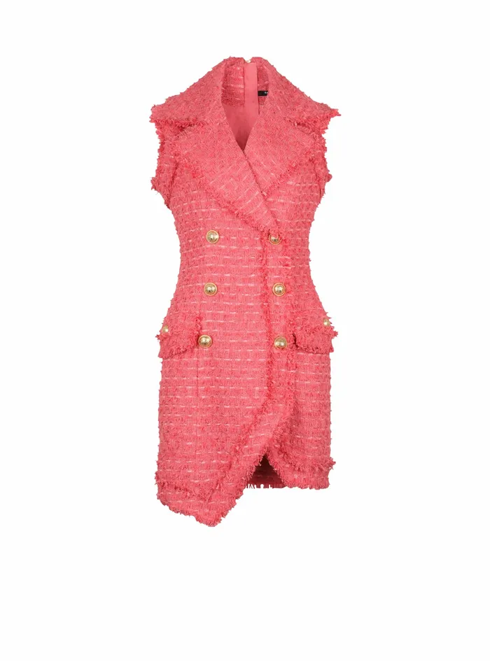 Balmain Dresses Womens Short Tweed Dress With GoldTone DoubleButtoned Fastening Pink