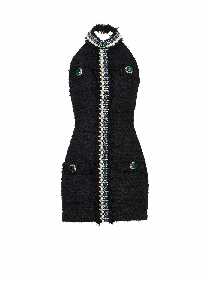 Balmain Dresses Womens Short Tweed Dress With Multicolor Jewel Embroidery Black Balmain Dresses Womens Short Tweed Dress With Multicolor Jewel Embroidery Black
