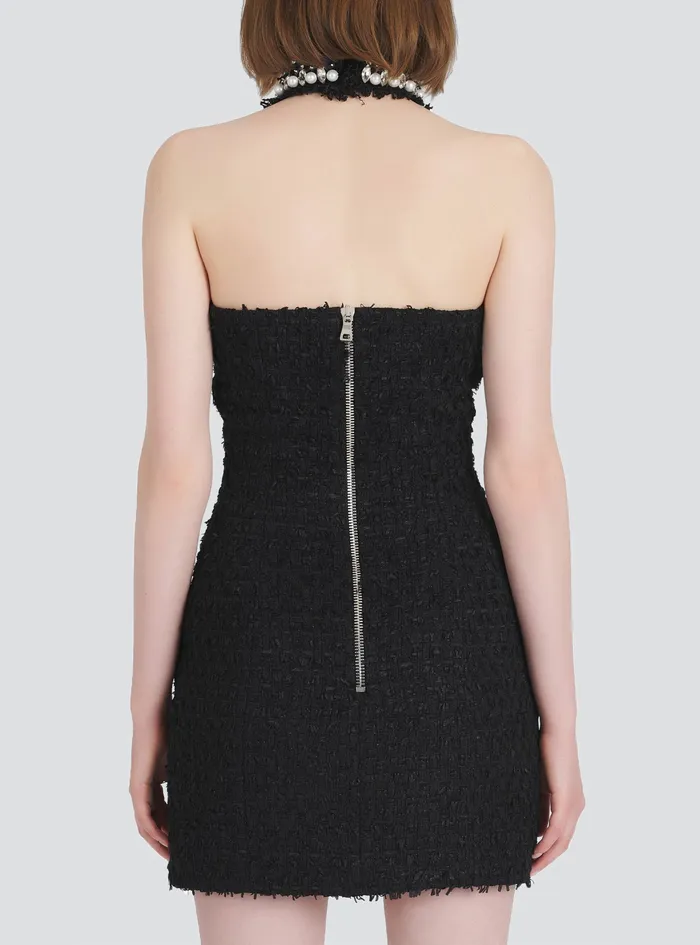 Balmain Dresses Womens Short Tweed Dress With Multicolor Jewel Embroidery Black