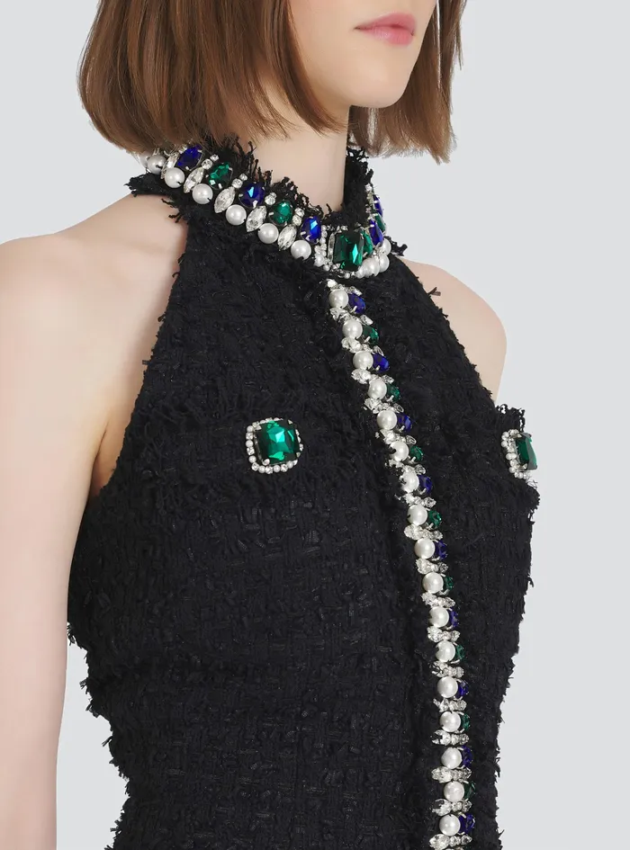 Balmain Dresses Womens Short Tweed Dress With Multicolor Jewel Embroidery Black