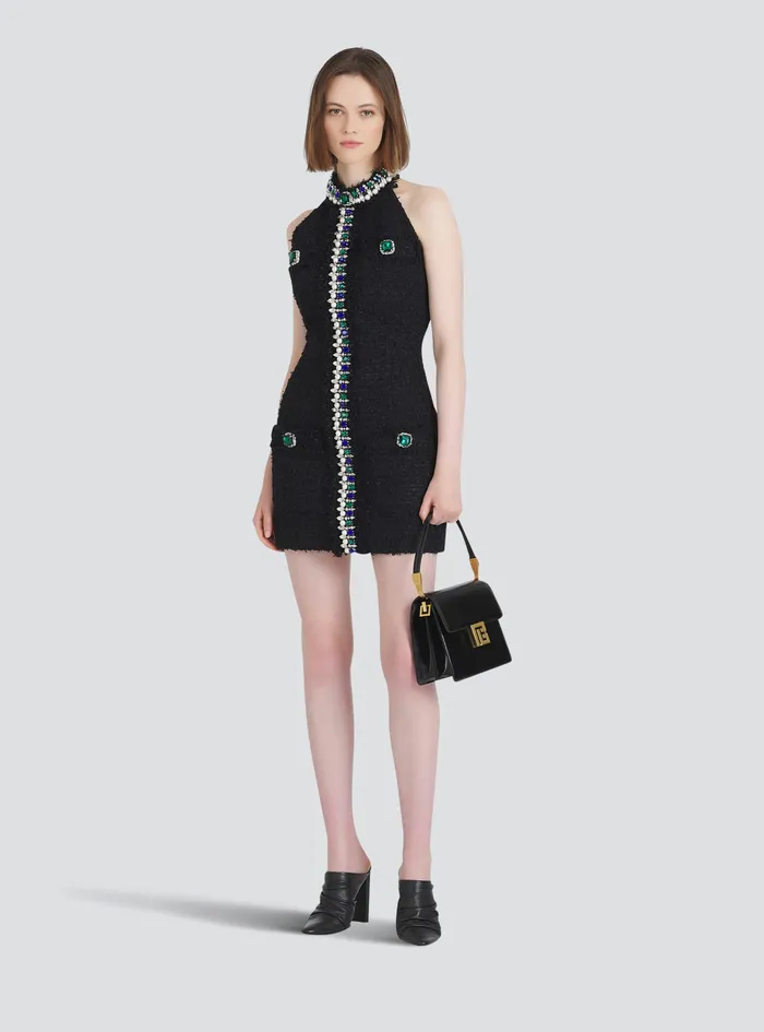 Balmain Dresses Womens Short Tweed Dress With Multicolor Jewel Embroidery Black