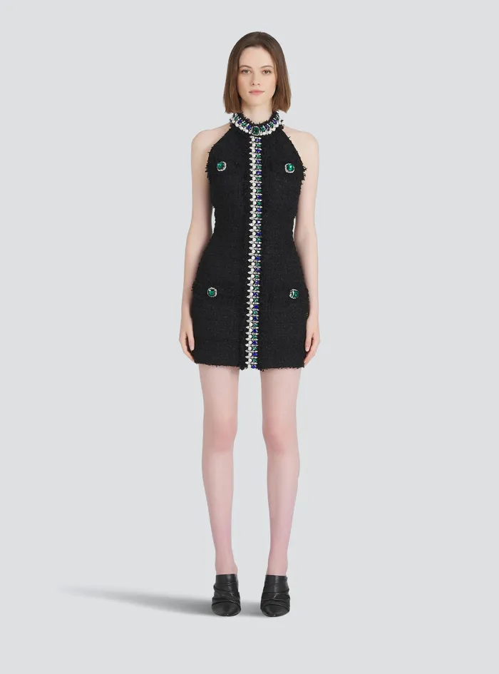 Balmain Dresses Womens Short Tweed Dress With Multicolor Jewel Embroidery Black