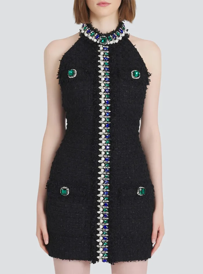 Balmain Dresses Womens Short Tweed Dress With Multicolor Jewel Embroidery Black