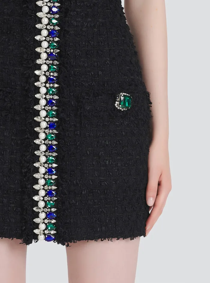 Balmain Dresses Womens Short Tweed Dress With Multicolor Jewel Embroidery Black