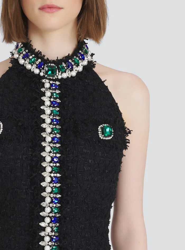 Balmain Dresses Womens Short Tweed Dress With Multicolor Jewel Embroidery Black